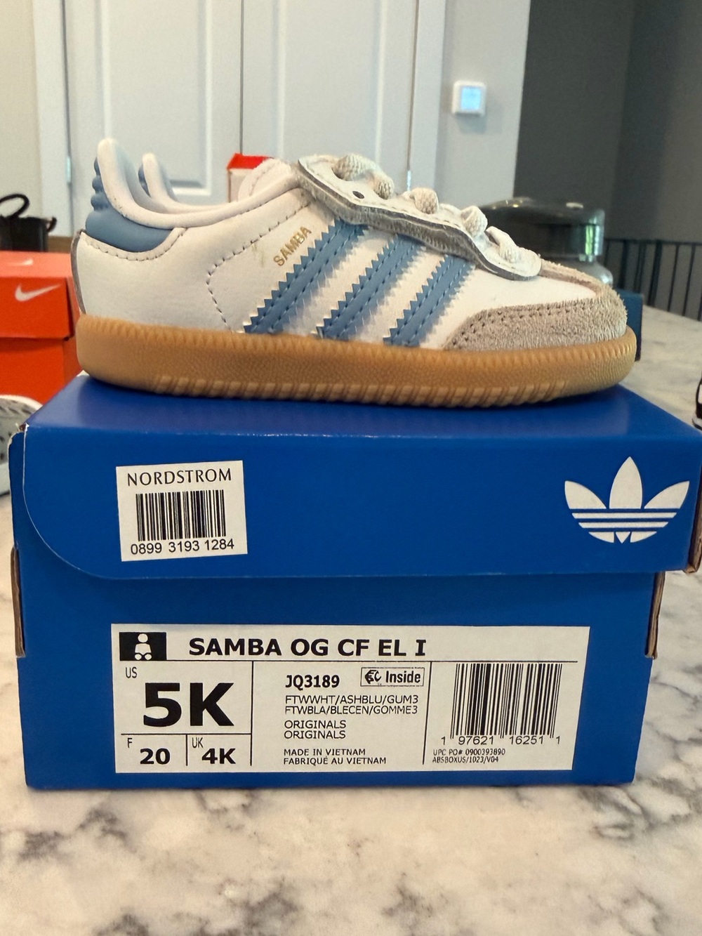 adidas Kids Samba OG Sneakers in White and Light Blue with Gum Sole